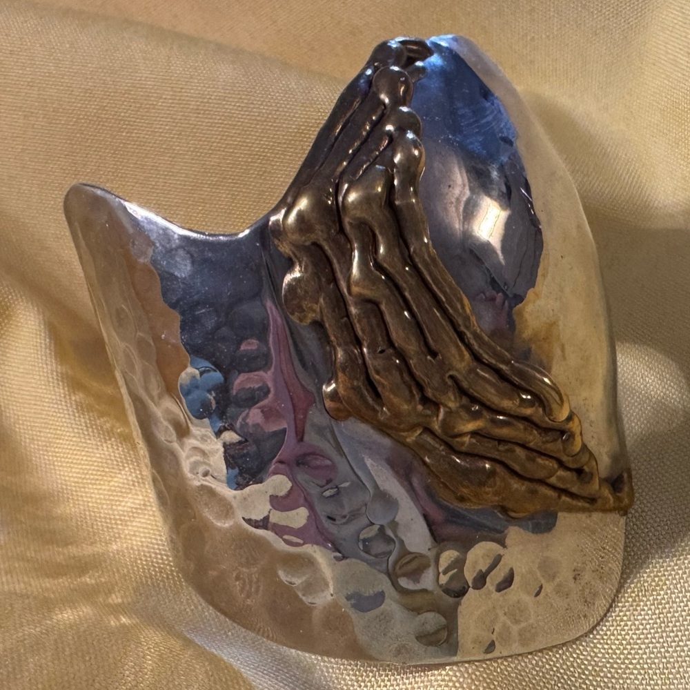 Handmade Sculptural Cuff Bracelet Silver & Bronze Textured Wide Statement Artisa